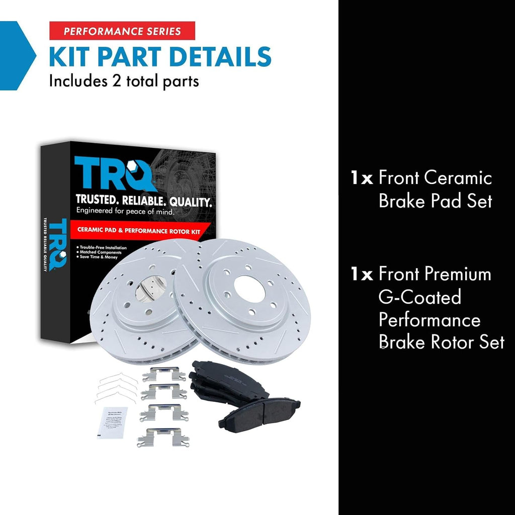 TRQ Performance Front Brake Pad and Rotor Set Ceramic Drilled Slotted Coated Vented Rotors Compatible with 2005-2021 Nissan Frontier 2005-2012 Pathfinder 2005-2015 Xterra 2009-2012 Suzuki Equator