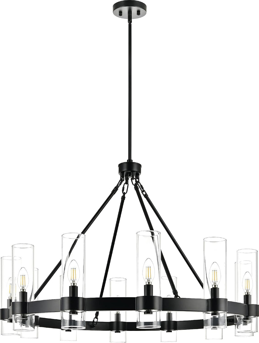 Linea di Liara Teramo Matte Black Chandelier Dining Room Light Fixture Large Wagon Wheel Chandelier Round Industrial Modern Farmhouse Chandeliers for Dining Room Foyer, Clear Glass, UL Listed