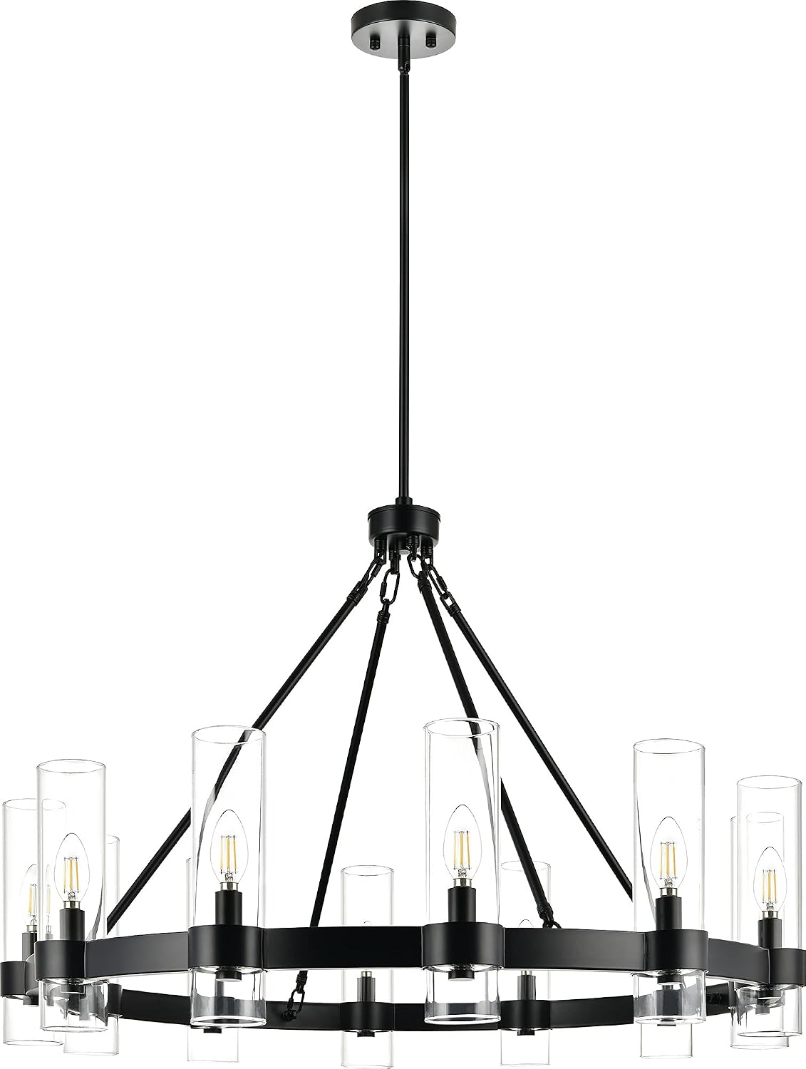 Linea di Liara Teramo Matte Black Chandelier Dining Room Light Fixture Large Wagon Wheel Chandelier Round Industrial Modern Farmhouse Chandeliers for Dining Room Foyer, Clear Glass, UL Listed