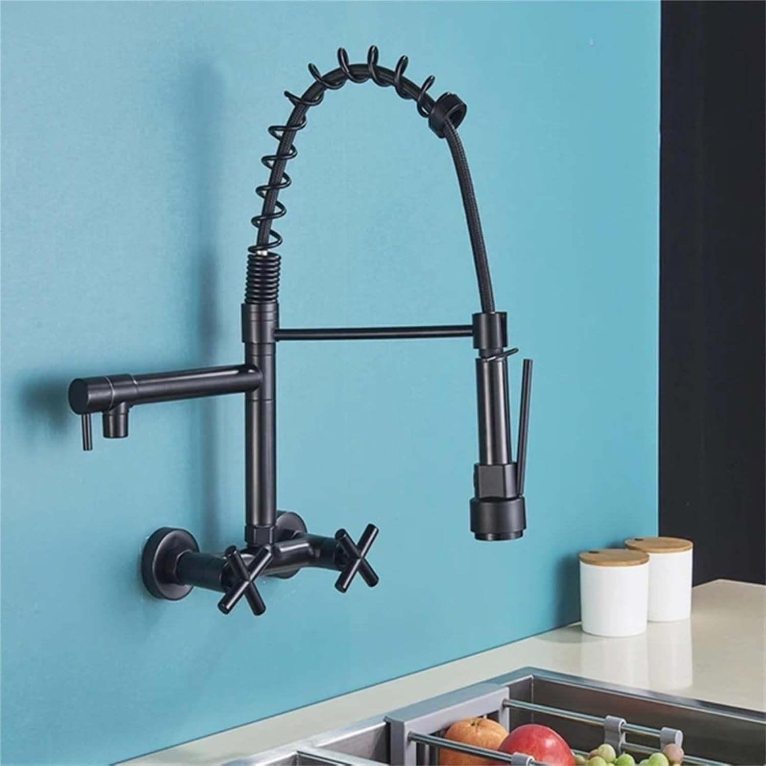Wall Mounted Kitchen Faucet Hot Cold Water Mixer Tap Pull Down Spray 360 Rotation Kitchen Mixer Taps(Matte Black)