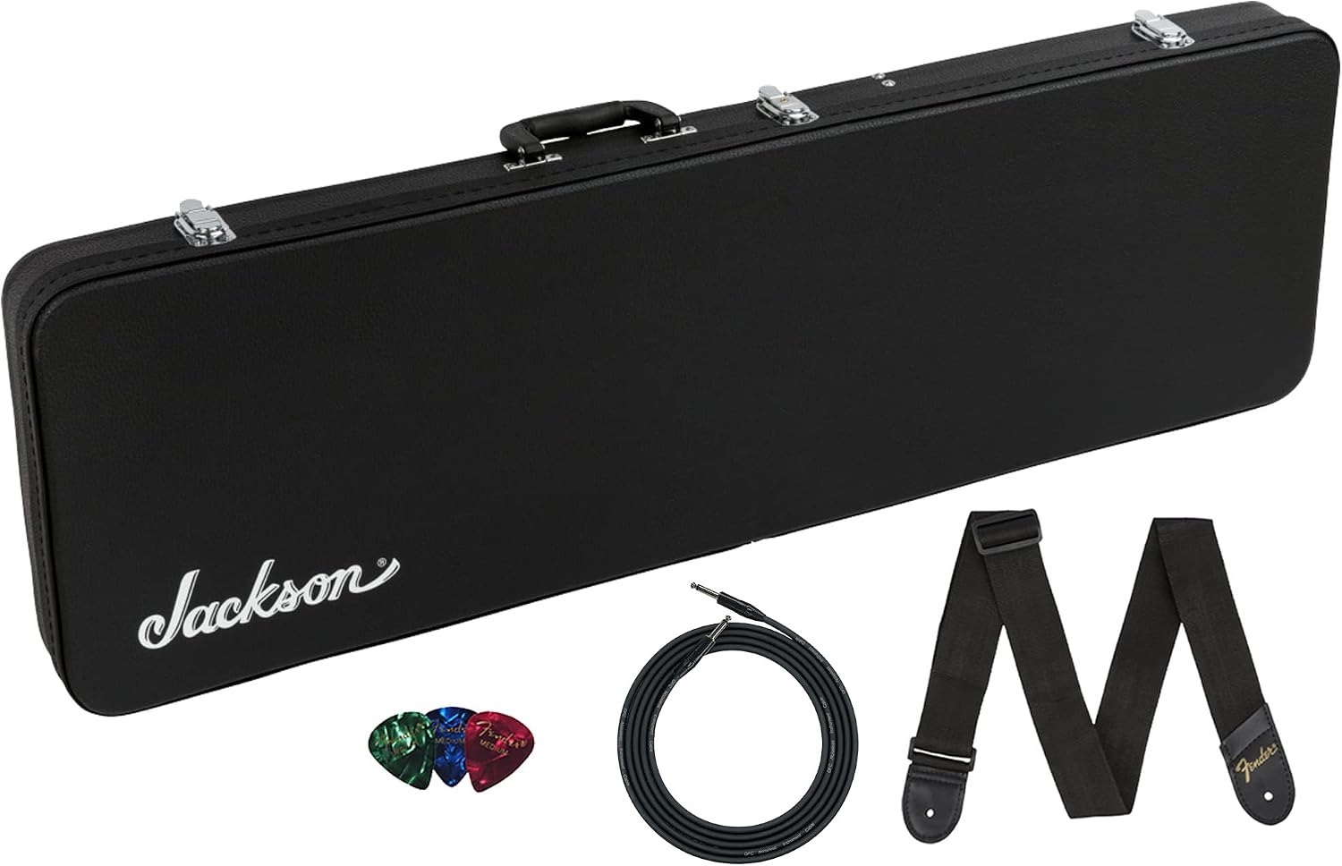 Jackson Dinky/Soloist 6/7 String Economy Hard-shell Case Bundle with Guitar Cable, Guitar Strap, and Picks