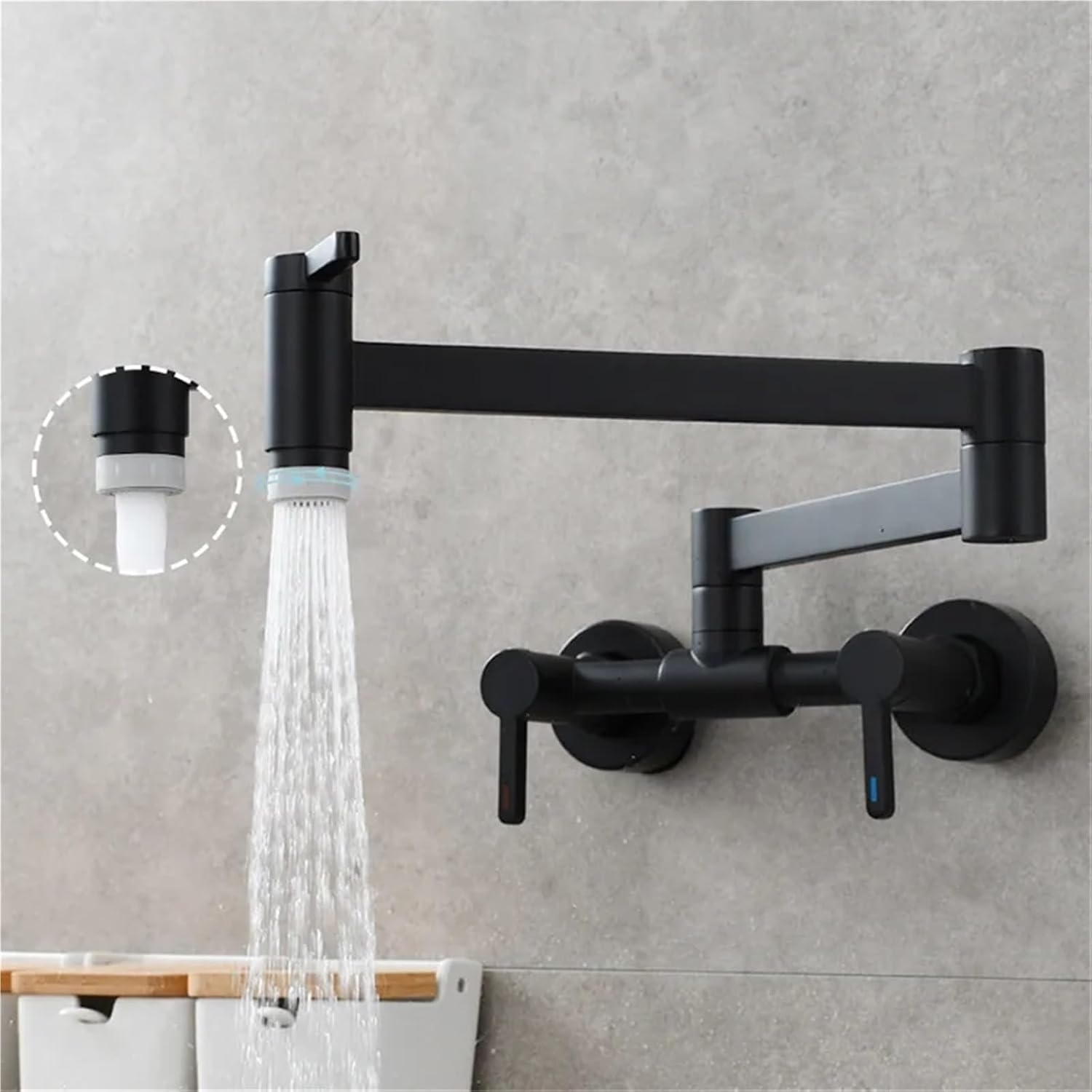 Pot Filler Tap Wall Mounted Foldable Kitchen Faucet Hot and Cold Single Hole Sink Tap Rotate Folding Spout(Black B)