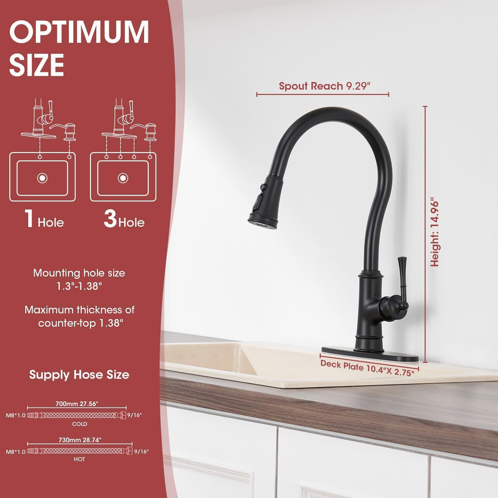 Black Kitchen Faucets with Pull Down Sprayer, Vintage Brass Kitchen Sink Faucet High Arc Single Handle with Deck Plate 1 or 3 Hole for Farmhouse Camper Laundry Rv Bar