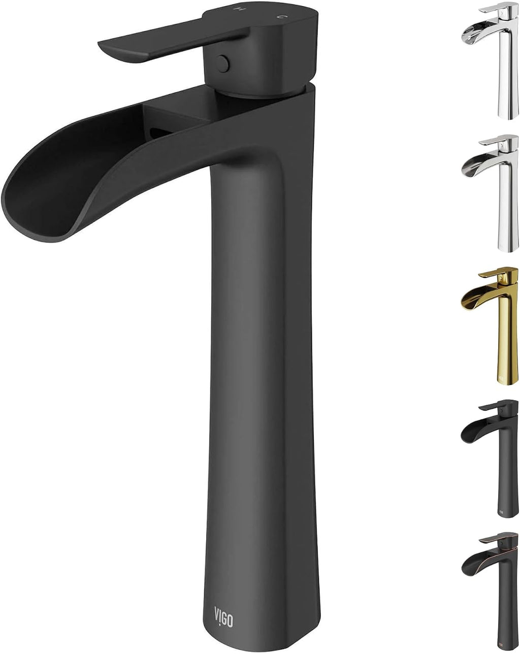 VIGO Niko Waterfall Single-Handle Single-Hole Mount Vessel Bathroom Sink Faucet, 11-Inch, Matte Black, Modern Design, Solid Brass, 1.2 GPM WaterSense & Ceramic Disc Valve - VG03024MB