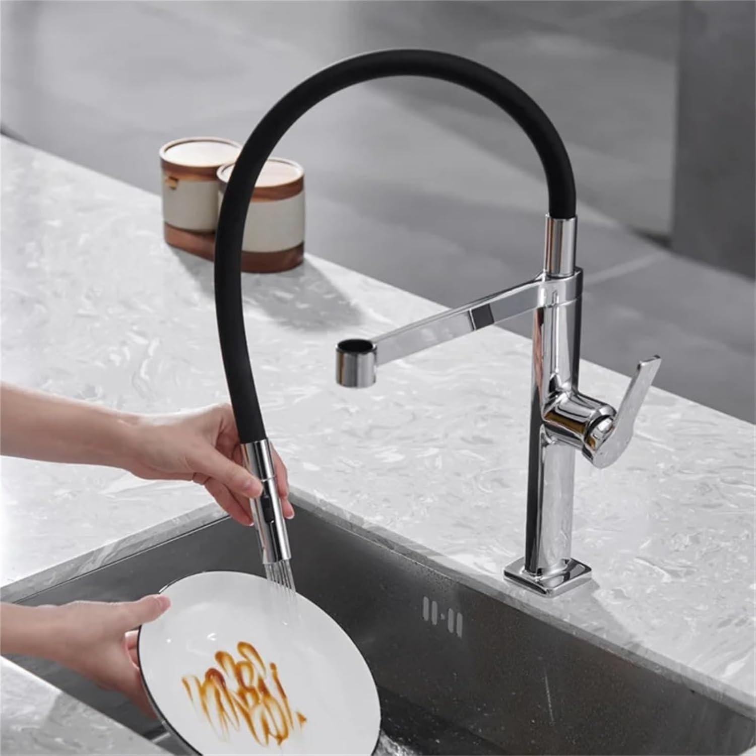 Pull Out Multifunctional 59 Copper Kitchen Sink Vegetable Washing Cold and Hot Water Faucet Universal Rotation(Silvery)