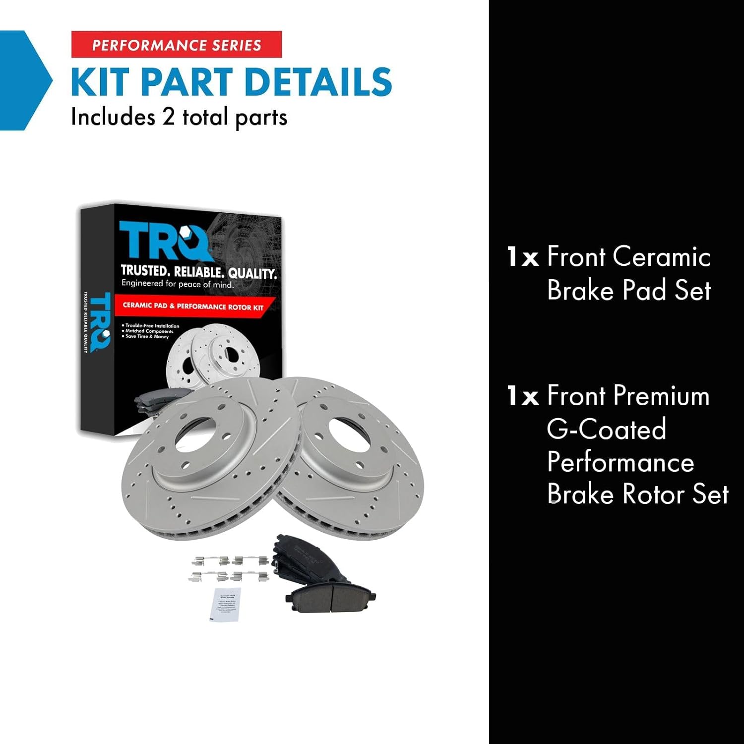 TRQ Performance Front Brake Pad and Rotor Set Ceramic Coated Drilled Slotted Vented Rotors Compatible with 2004-2009 Nissan Quest