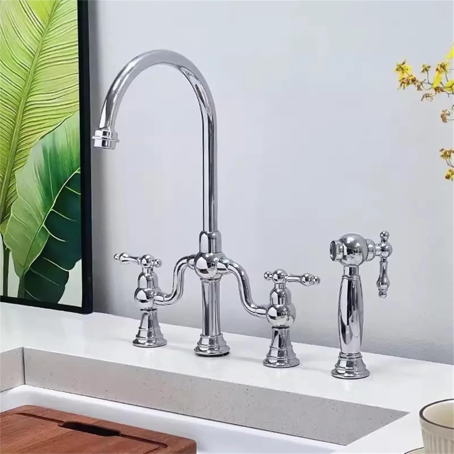 Pull Out Kitchen Faucet Classic Deck Mounted Hot Cold Sink Tap Rotation Spout Faucet(Chrome)