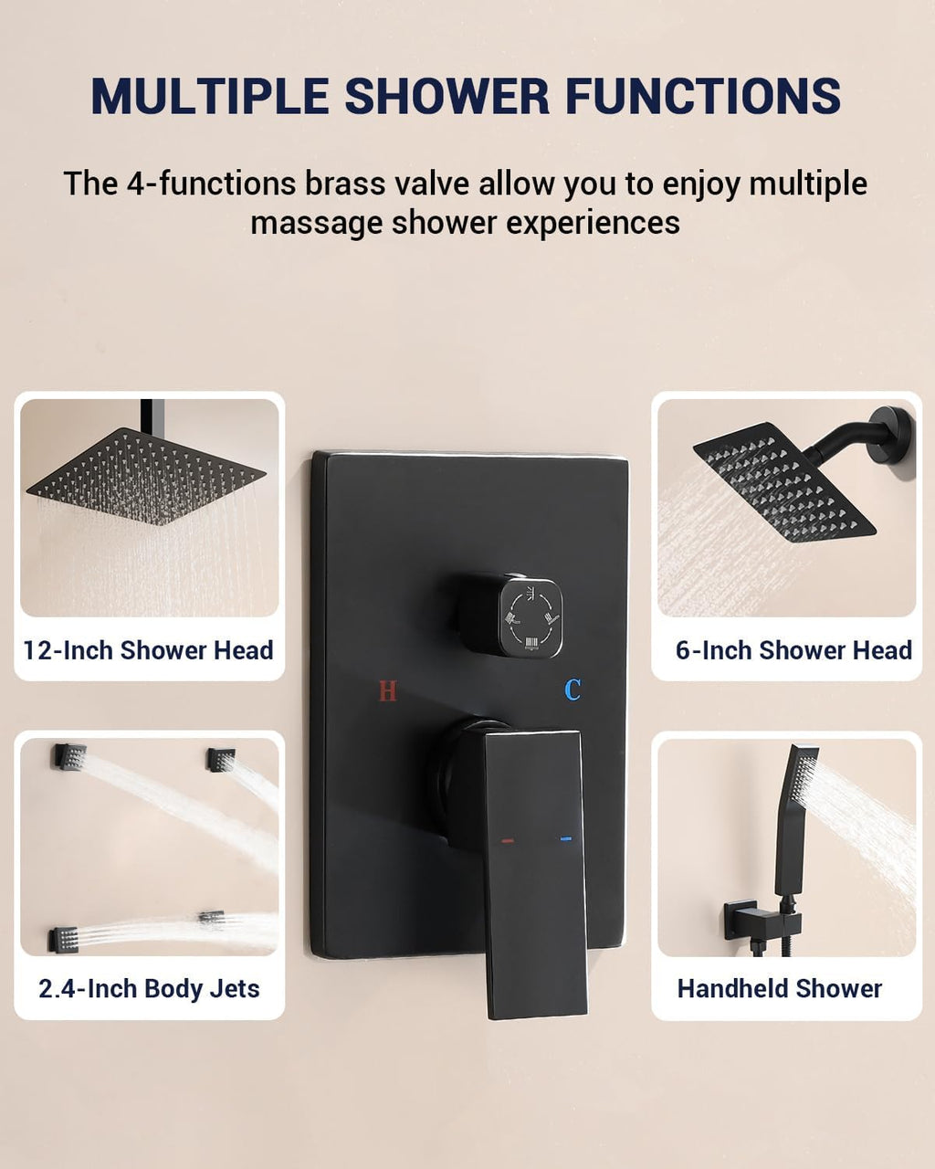 Dual Rainfall Shower Head System with 4 Body Jets, JetsBath Shower Faucet Set Double Shower Head 6-Inch Shower Head & 12' Rain Shower, Luxury Matte Black Shower Faucet Set,Wall-Mounted Shower System