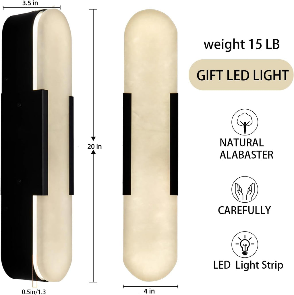 YIOSI 20'' Alabaster Wall Sconces Set of 2, Alabaster Marble Wall Sconce Light, Black Vanity Lights Modern Bedside Wall Lamp for Bathroom Bedroom Hallway Living Room Stairs Fireplace Kitchen