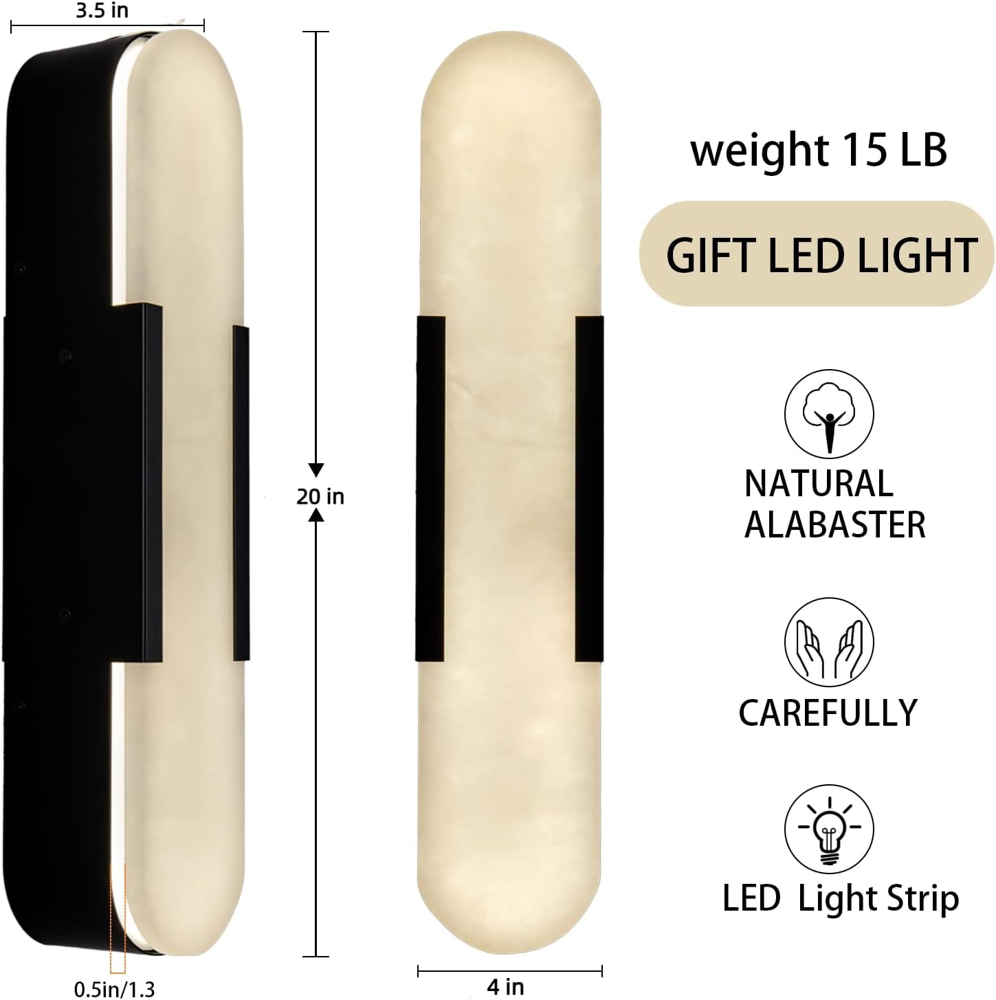 YIOSI 20'' Alabaster Wall Sconces Set of 2, Alabaster Marble Wall Sconce Light, Black Vanity Lights Modern Bedside Wall Lamp for Bathroom Bedroom Hallway Living Room Stairs Fireplace Kitchen