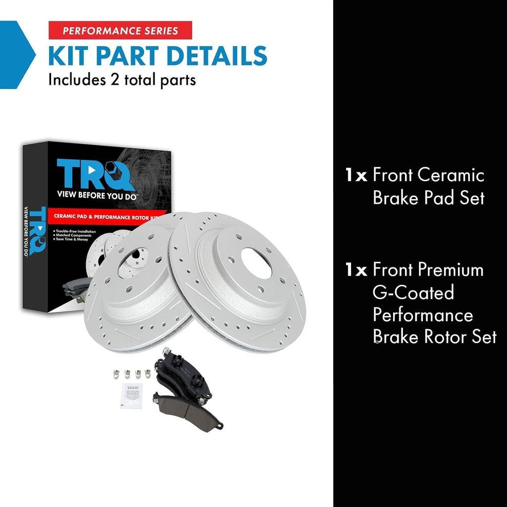 TRQ Performance Front Brake Pad and Rotor Set Ceramic Drilled Slotted G Coated Rotors Compatible with 1988-1996 Chevrolet Corvette