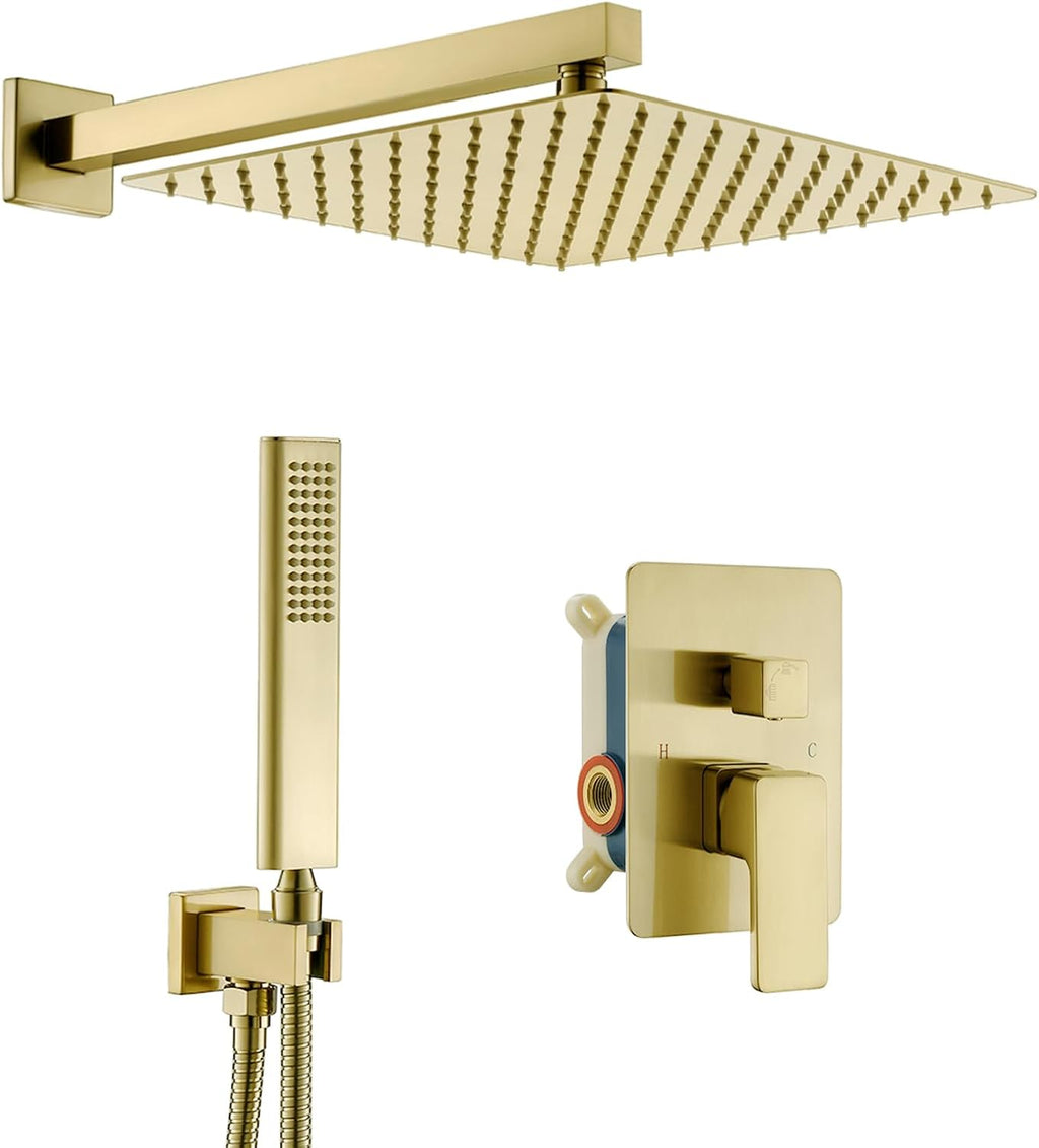 Brushed Gold Shower System, Golden Shower Fixture with 12 Inch Rain Shower Head and Handheld Shower Head, Rainfall Shower Faucet with Brass Valve for Bathroom