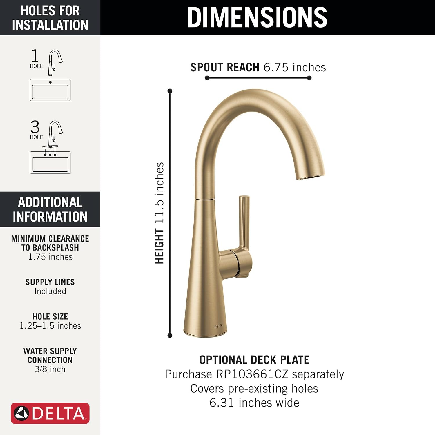 Delta Modern Brushed Gold Single Hole Bar Sink Faucet, Single Handle Prep Sink Faucet, Champagne Bronze 14882LF-CZ