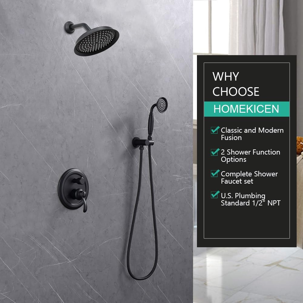 Matte-Black Vintage Shower-Faucet Sets, Antique Brass Shower System, Wall Mounted, 9' Rain Head and Handheld Spray, 2 Way Diverter Rough in Valve with Trim Kit