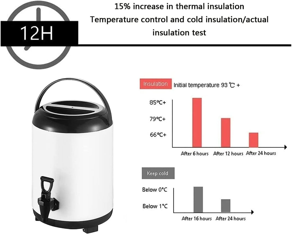 Urn Boiler Hot and Cold Water Dispenser Stainless Steel Tea Hot Water Bottle with Faucet Portable Handle Large Capacity Sealing for Catering Office Hotels Party (Color : Black, Size : 12L)