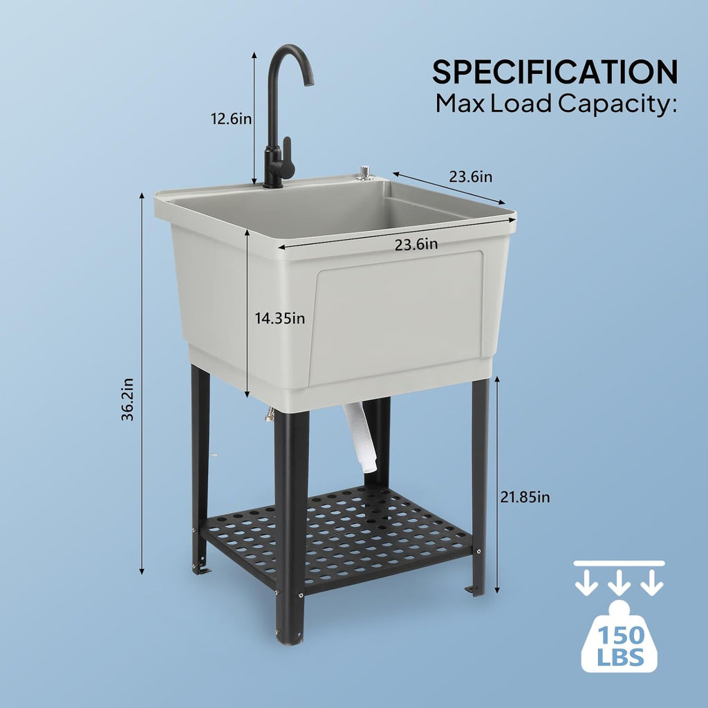 VINGLI Utility Sink Laundry Tub for Washing Room, Freestanding Utility Sink with Stainless Steel Faucet (23.6'W×23.6'D×36.2'H, Grey)