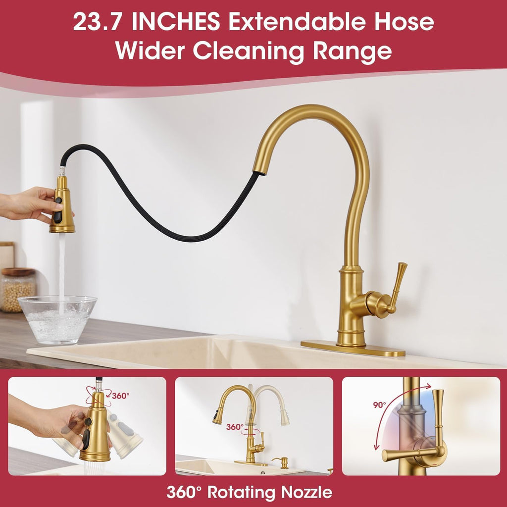 Kitchen Faucet with Pull Down Sprayer, Gold Vintage Brass Kitchen Sink Faucet High Arc Single Handle with Deck Plate 1 or 3 Hole, Ideal for Laundry Farmhouse Outdoor RV