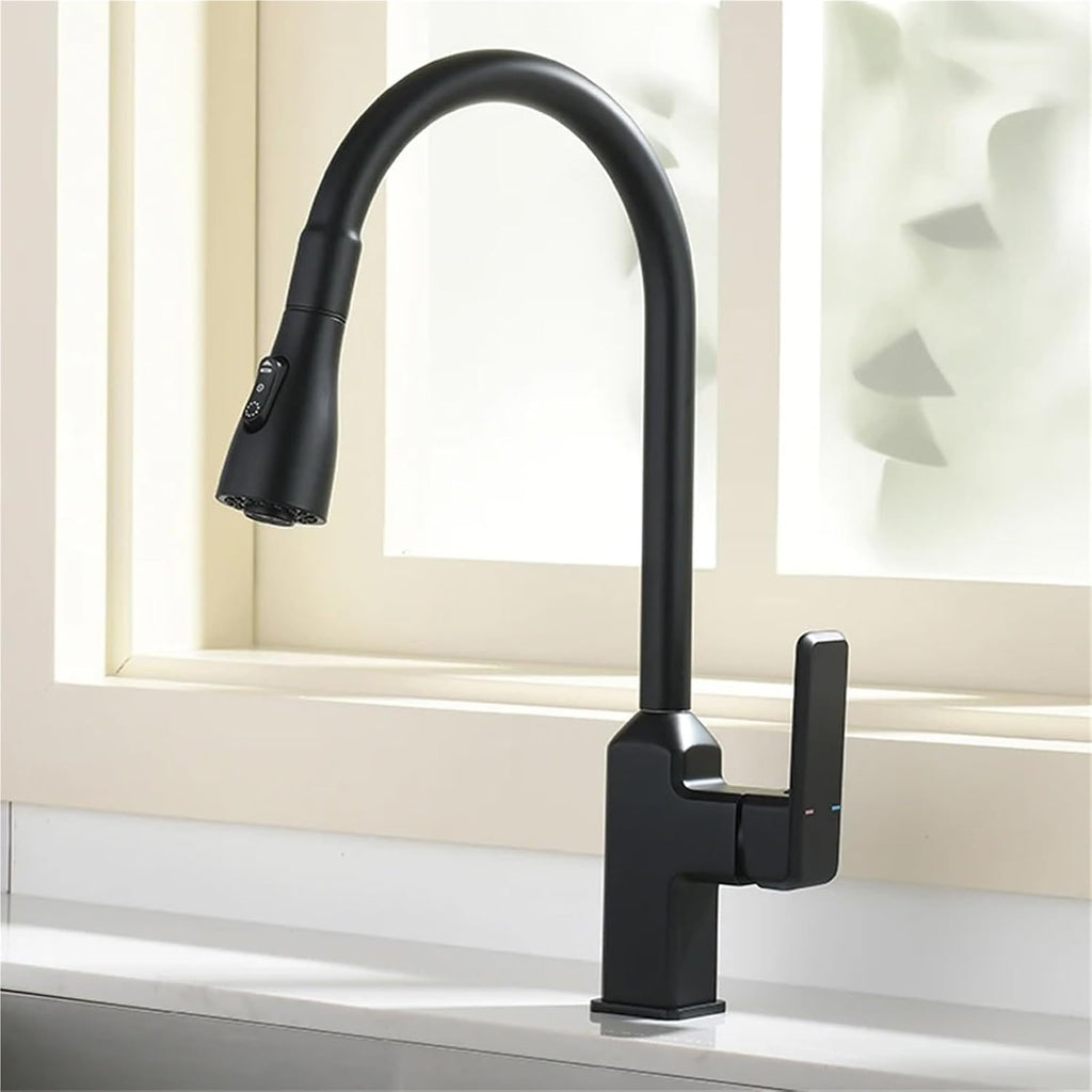 Kitchen Faucet Black Pull Out Deck Mounted 360 Rotation Brass Mixer Hot Cold Water Sink Taps(Black)