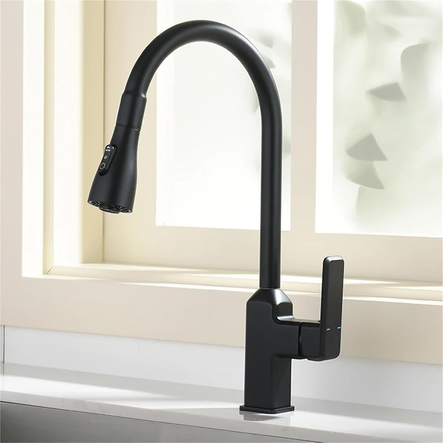 Kitchen Faucet Black Pull Out Deck Mounted 360 Rotation Brass Mixer Hot Cold Water Sink Taps(Black)