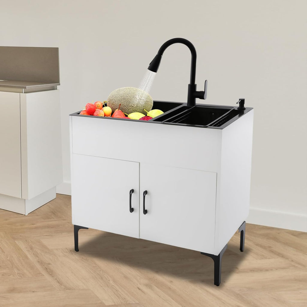 32-Inch Utility Sink Cabinet with Pull-Out Sprayer Fauce, Laundry Sink with Cabinets and Stainless Steel Double Sinks, Freestanding Cabinet with Sink for Laundry&Utility Room, Kitchen, Bathroom