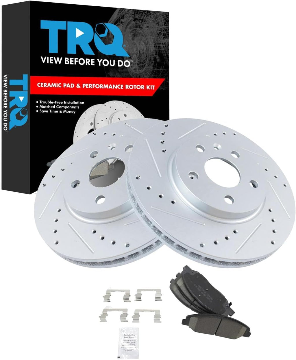 TRQ Performance Front Brake Pad and Rotor Set Ceramic Coated Drilled Slotted Vented Rotors Compatible with 2008-2014 Cadillac CTS
