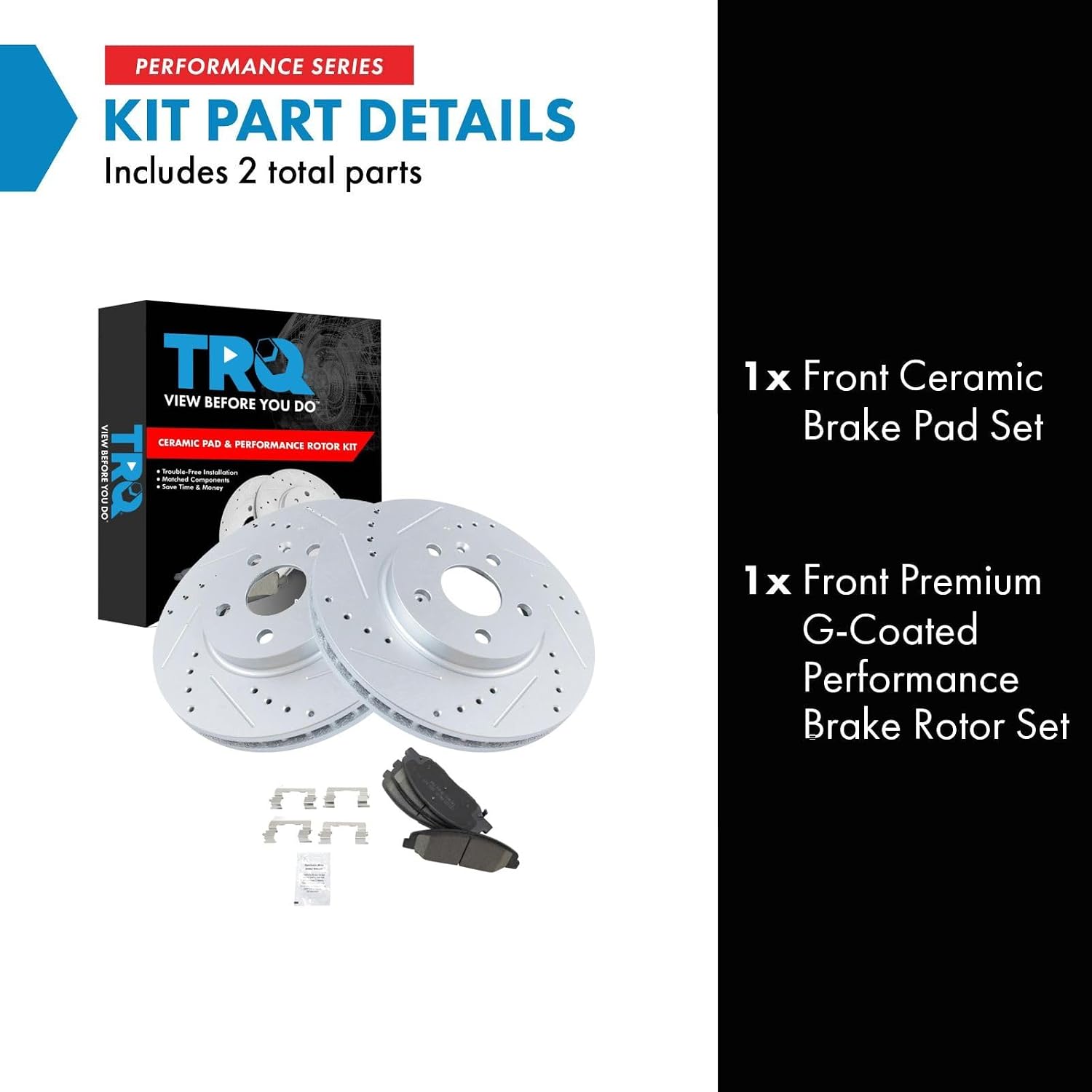 TRQ Performance Front Brake Pad and Rotor Set Ceramic Coated Drilled Slotted Vented Rotors Compatible with 2008-2014 Cadillac CTS