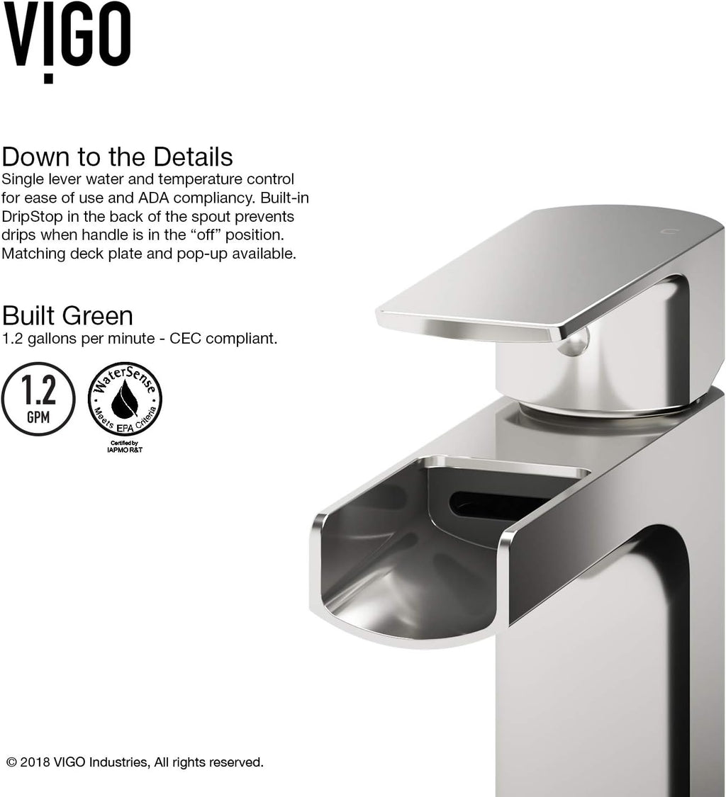 VIGO Ileana Waterfall Single-Handle Single-Hole Mount Bathroom Sink Faucet, 7-Inch, Brushed Nickel, Modern Design, Solid Brass, 1.2 GPM WaterSense & Ceramic Disc Valve, Corrosion-Resistant