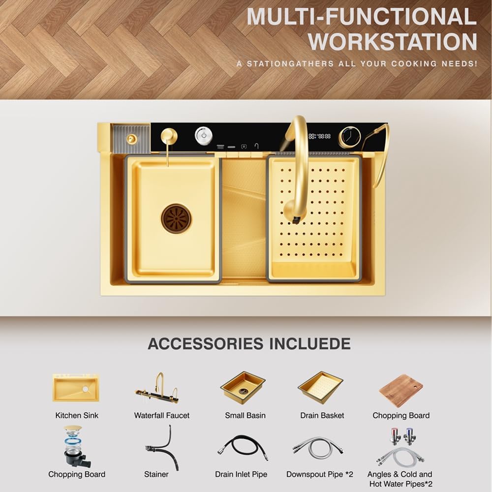 Digital Display Embossed Stainless Steel Nano Gold Waterfall Large Single Groove Kithchen Sink with Pressurized Cup Washer (33 X 22 Inch)