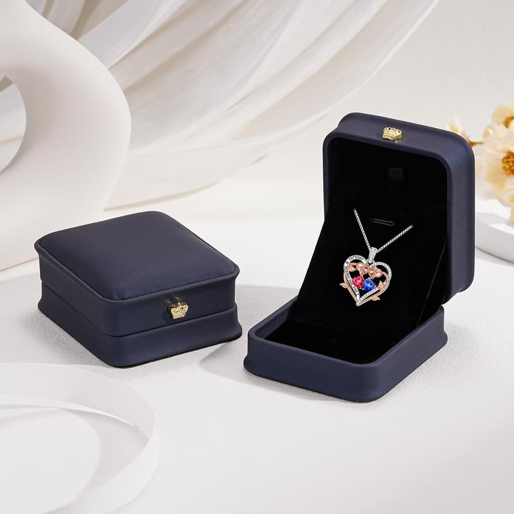 Iefil Rose Heart Double Birthstone Necklace Gifts for Wife Girlfriend Her Women, Birthstone Jewelry Gemstone Birthday Gifts for Mom Grandma Her Wife Women