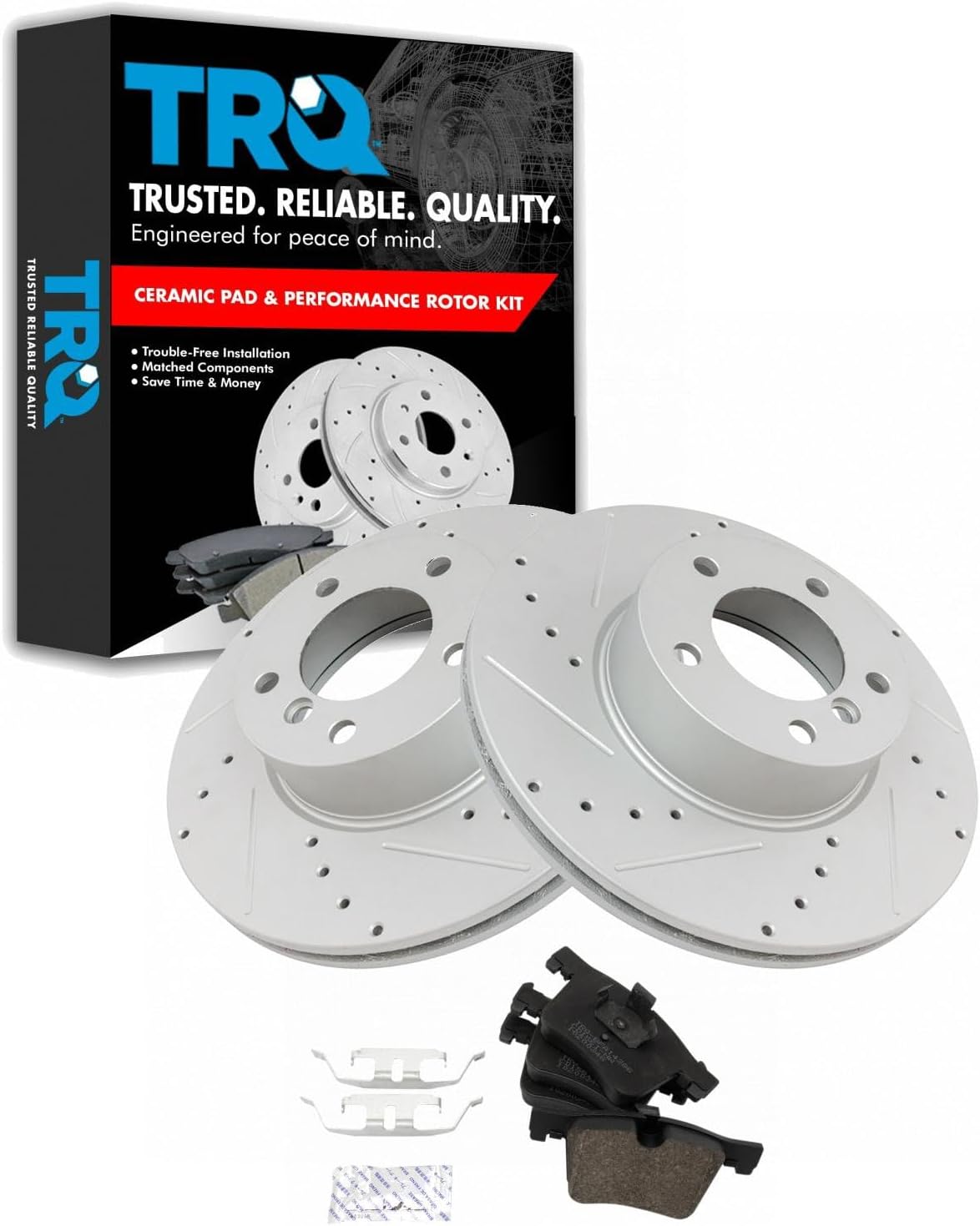 TRQ Performance Front Ceramic Brake Pad and Rotor Set Drilled Slotted Coated Compatible with 14-16 BMW 228i with 312 mm Diameter Front Rotors 17-20 BMW 430i Gran Coupe xDrive 14-18 328d xDrive