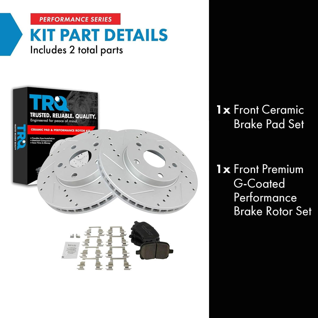 TRQ Performance Front Brake Pad and Rotor Set Ceramic G Coated Drilled Slotted Vented Rotors Compatible with 1997-2001 Lexus ES300 Toyota Camry 1998-2004 Avalon 1999-2003 Solara