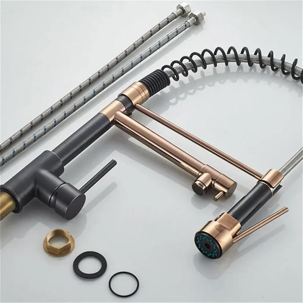 Kitchen Spring Faucet Pull Down Pull Out Dual Spouts 360 Rotation Cold and Hot Water Single Handle Mixer Tap(ORB Rose Gold Short)