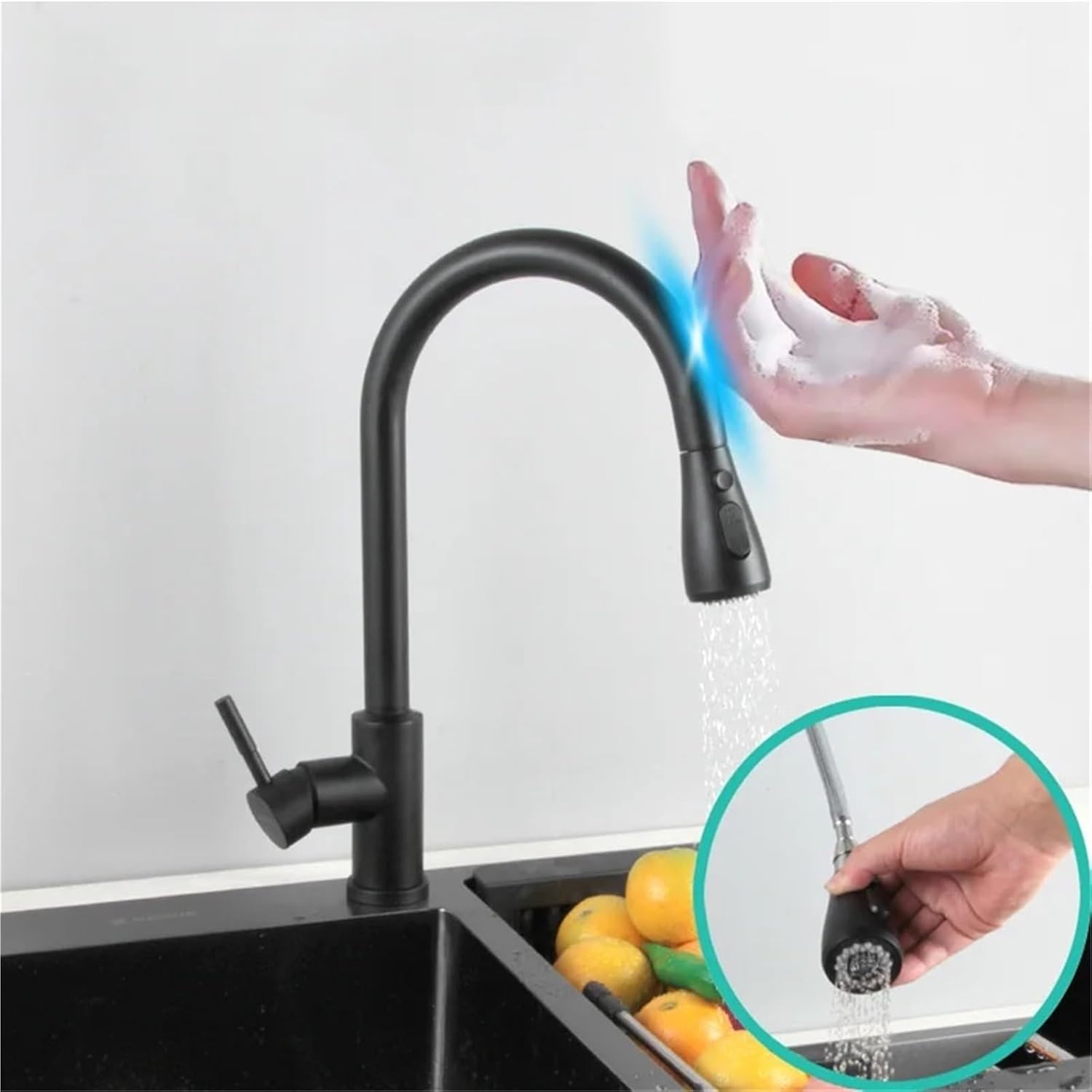 Smart Induction Touch Kitchen Faucets Deck Mount Pull Out Sensor Automatic Hot and Cold Water Mixer Faucet(Matte Black)