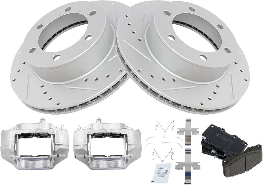 TRQ Performance Front Brake Pad and Rotor Set Ceramic Drilled Slotted Coated Rotors Calipers Compatible with 1995-1998 Toyota Tacoma