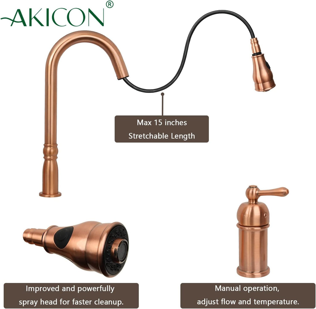 Akicon Copper Kitchen Faucet with in-Deck Handle and Soap Dispenser, Single Handle Solid Brass High Arc Pull Down Sprayer Head Kitchen Sink Faucet AK97918