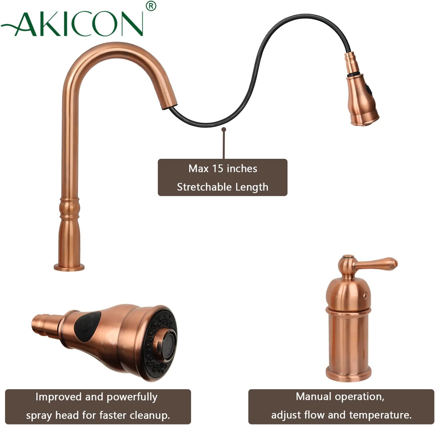Akicon Copper Kitchen Faucet with in-Deck Handle and Soap Dispenser, Single Handle Solid Brass High Arc Pull Down Sprayer Head Kitchen Sink Faucet AK97918