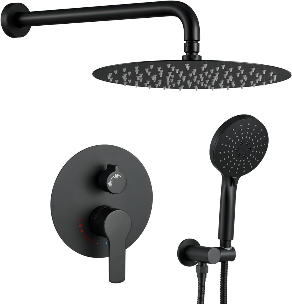 Matte Black Shower Faucet Set, Rainfall Shower System with 10 Inches Rain Shower Head and Handheld The Wall Mounted Shower Fixtures with Brass Valve for Bathroom