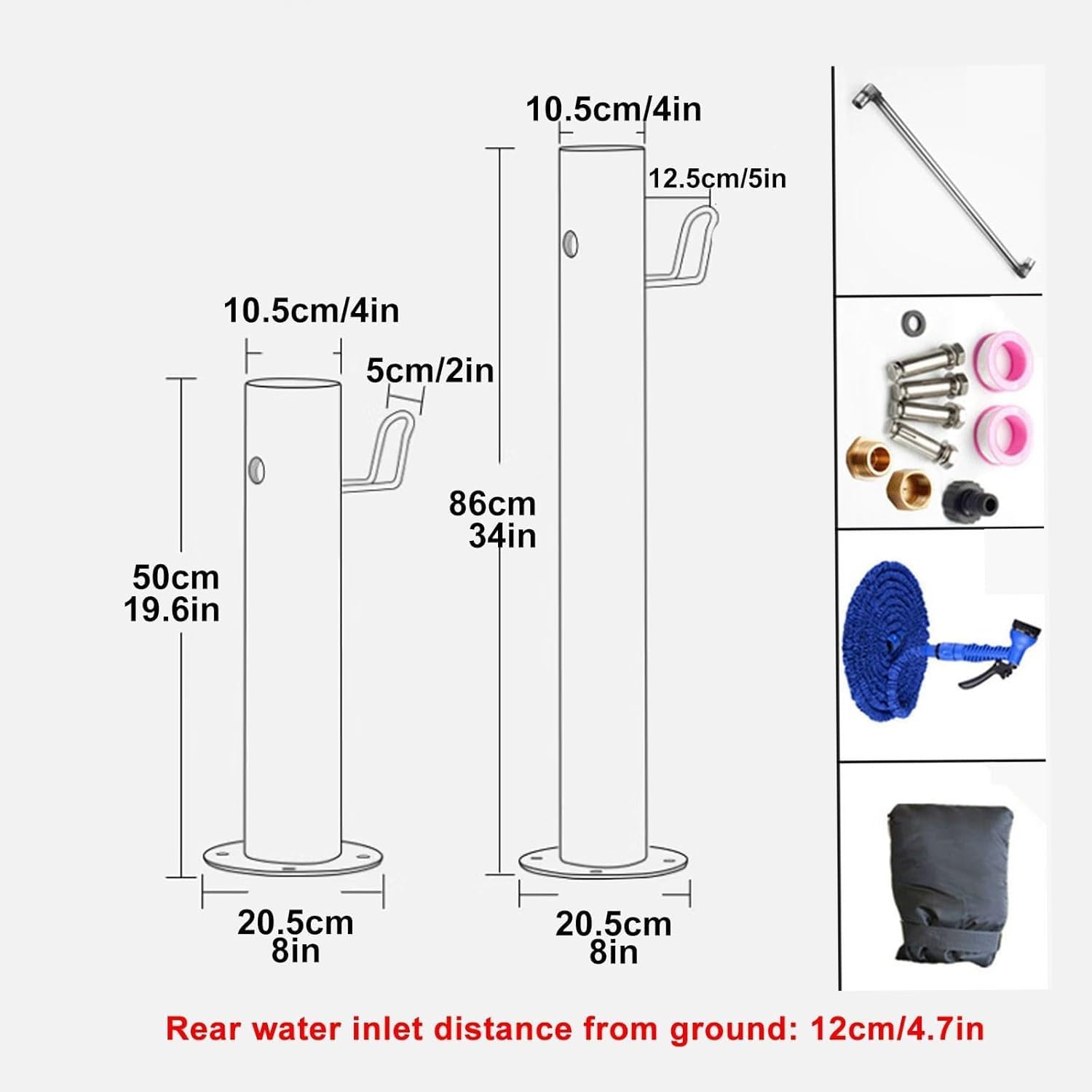 304 Stainless Steel Cylindrical Vertical Garden Water Column with 7.5m ﻿Spray Gun and Stainless Steel Inner Tube，Outdoor Faucet Water Dispenser Hydrant(Black-2,86cm/33in)
