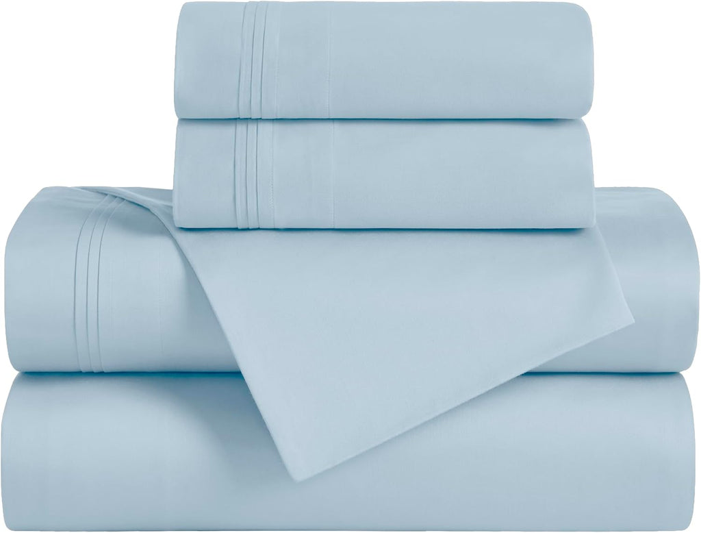 Superior Egyptian Cotton 5 Piece Sheet Set, 650 Thread Count, Eco-Friendly, Sustainable Sheets, Ultra-Soft Basics, Solid, Deep Pocket Fitted Sheets, Flat Sheet, Pillowcases, Split King, Baby Blue