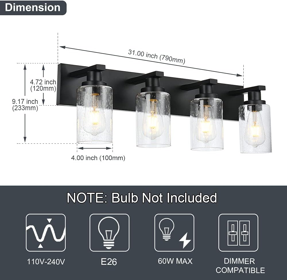 Bathroom Vanity Light Fixtures 4-Lights Seeded Glass Cylinder Shade Modern Farmhouse Wall Sconce Lighting Bath Vanity Lights Over Mirror