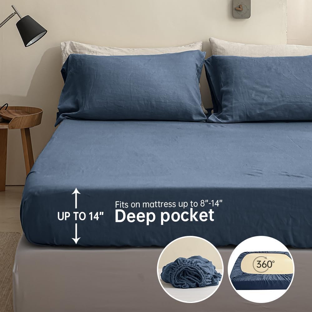 Simple&Opulence 100% Linen Sheets California King Size Set, 4 Pcs Natural French Linen Bed Sheets, Breathable Soft Durable Bedding Set for All Season (Classic Blue, California King)