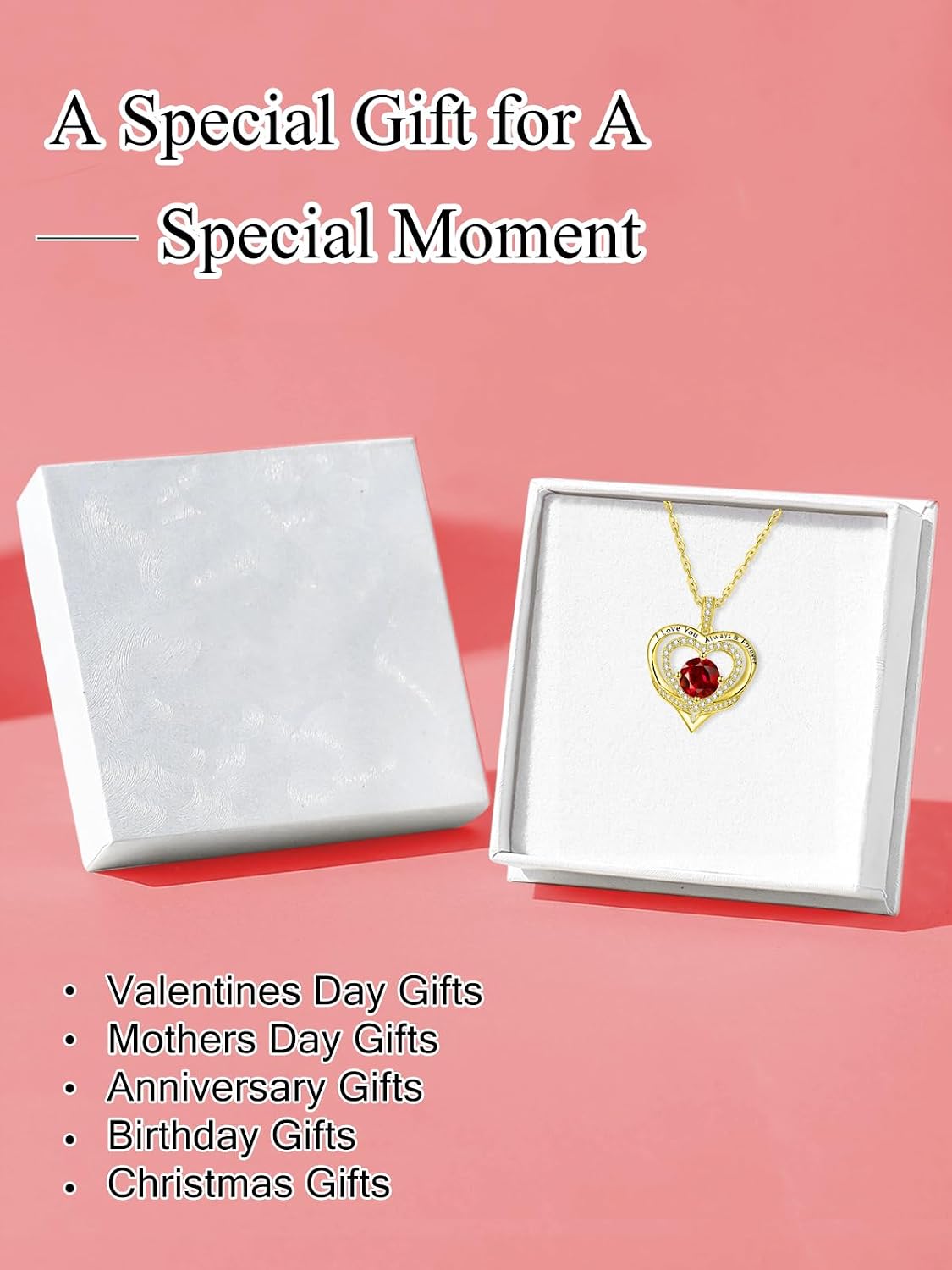 14K Gold Heart Necklaces for Women with Birthstone Pendant ，Double Hearts Necklace Jewelry Gift for Girlfriend Mom Anniversary Birthday Adjustable Chain 18' + 2' 'I Love You Always & Forever