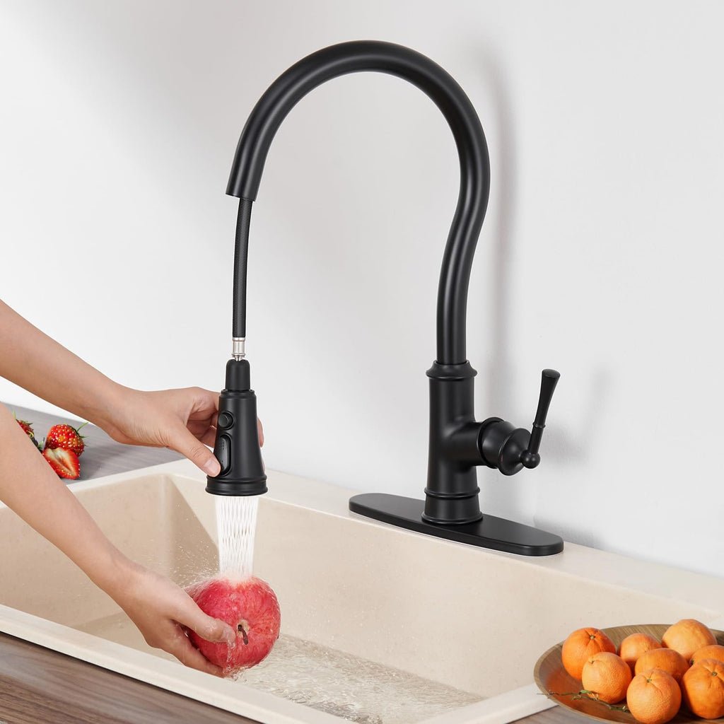 Black Kitchen Faucets with Pull Down Sprayer, Vintage Brass Kitchen Sink Faucet High Arc Single Handle with Deck Plate 1 or 3 Hole for Farmhouse Camper Laundry Rv Bar