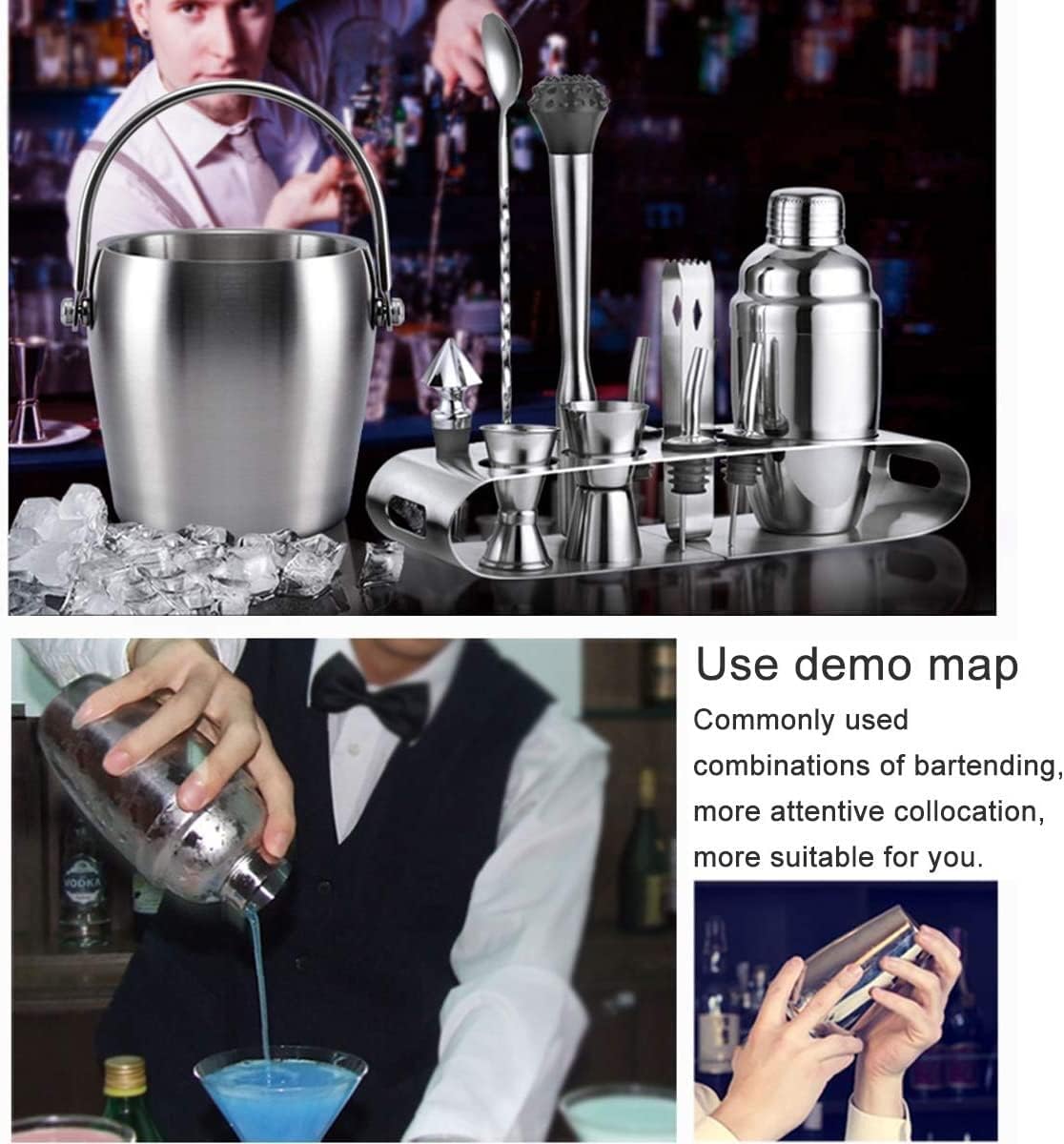 Bar Set 13-Piece Wine and Cocktail Mixing Bar Set–Bartender Kit W/Essential Barware Tools - Stainless Steel Shaker, Ice Bucket, Muddler, Double Sided Jigger/750Ml