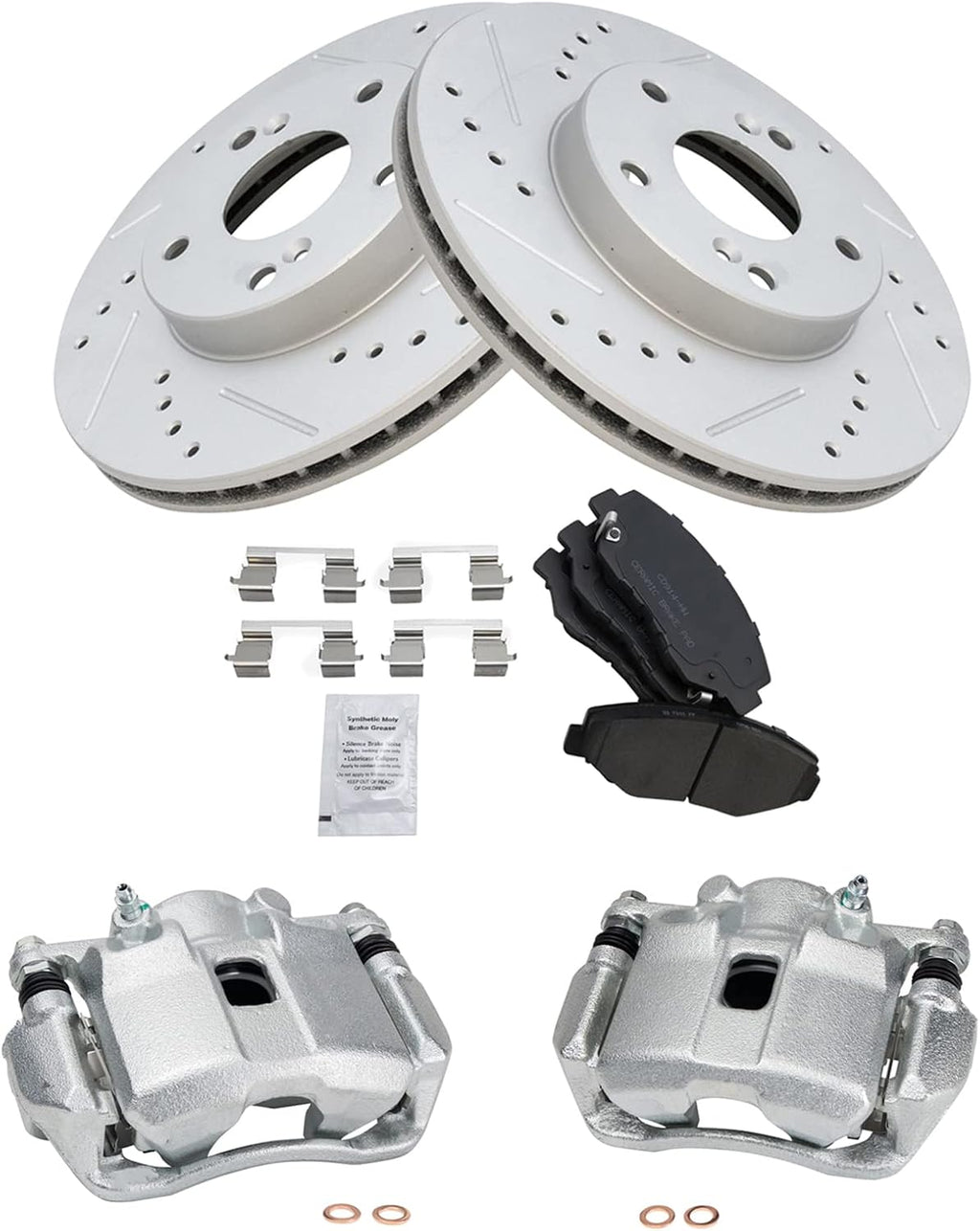 TRQ Performance Front Brake Pad and Rotor Kit Caliper Ceramic Vented Slotted Drilled G-Coated Compatible with 2014 Honda Fit