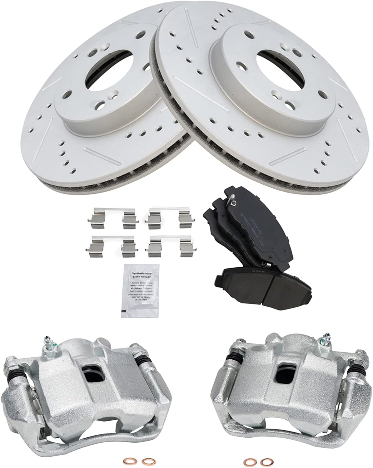 TRQ Performance Front Brake Pad and Rotor Kit Caliper Ceramic Vented Slotted Drilled G-Coated Compatible with 2014 Honda Fit