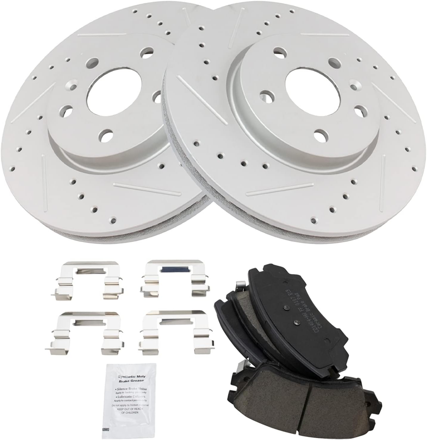 TRQ Performance Front Brake Pad and Rotor Set Ceramic Drilled Slotted G Coated Rotors Compatible with 2010-2015 Chevrolet Camaro