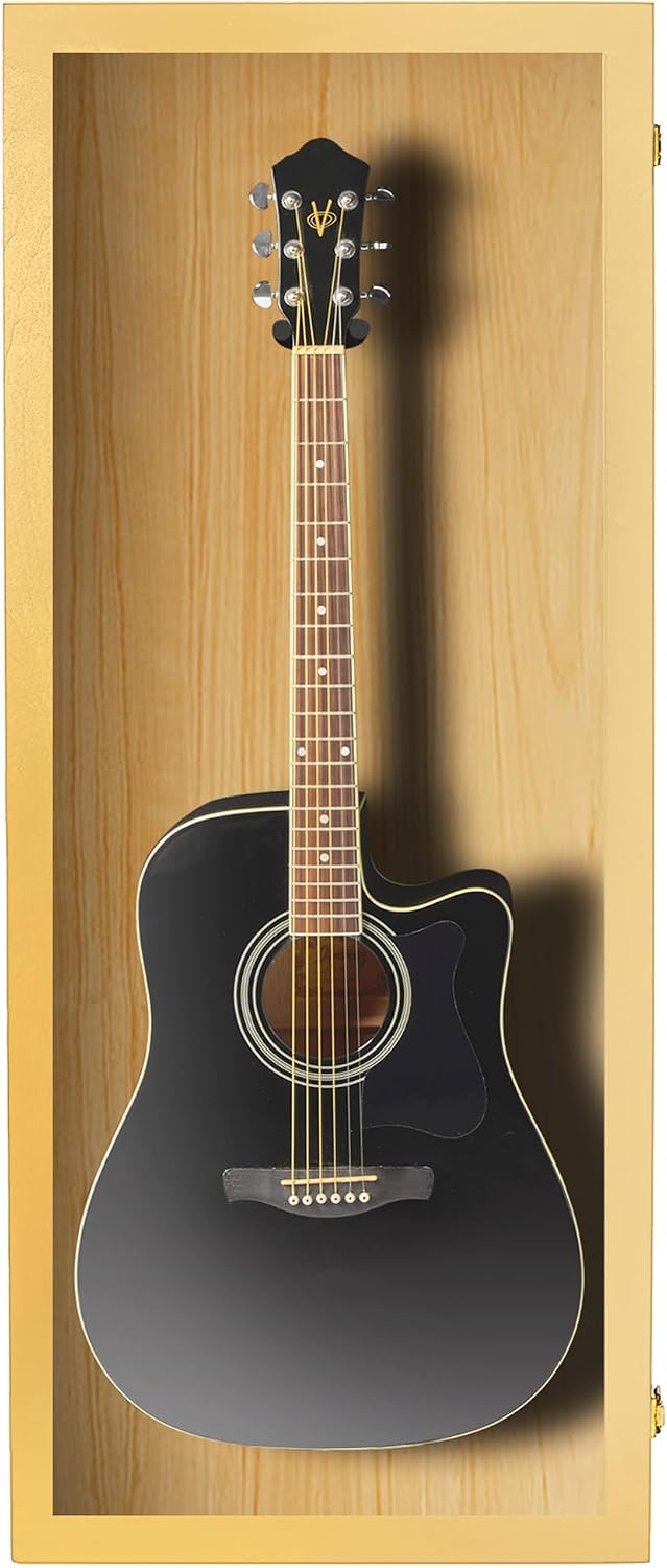 PENNZONI Acoustic Guitar Display Case - Acrylic Acoustic Guitar Case - Guitar Display Case Wall Mount Made from Hardwood Frame & Clear Acrylic - Golden Oak w/No Felt