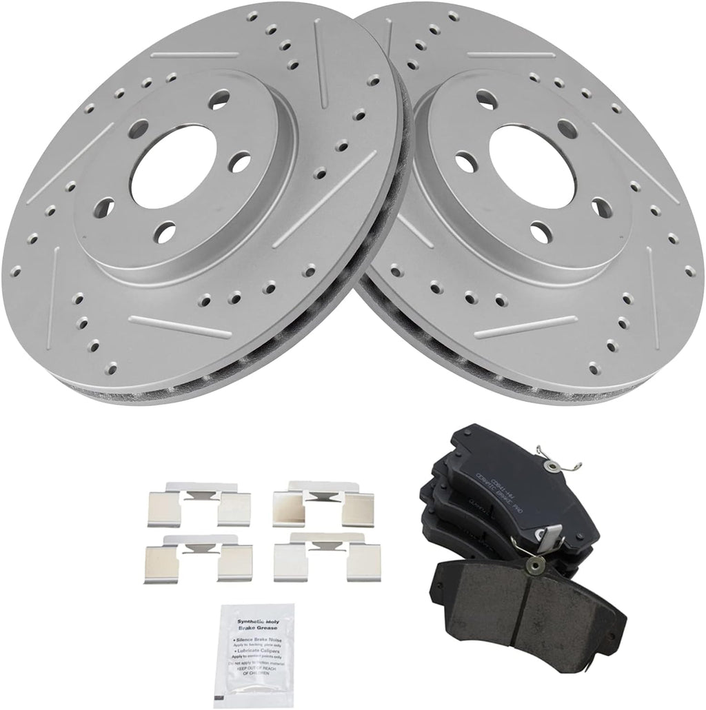 TRQ Performance Front Brake Pad and Rotor Set Ceramic Coated Drilled Slotted Rotors 11.02 in for 2001-2010 Chrysler PT Cruiser