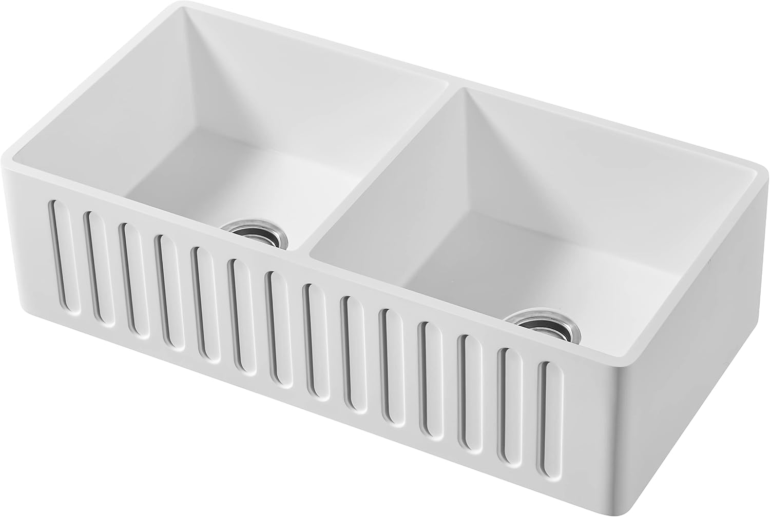 Westbrass BK236WH-2662 36' Double Bowl Reversible Apron Front Solid Surface Kitchen Sink with 4 in 1 Function Faucet, Dual Water Filters, Drain Baskets and Soap Dispenser, Polished Chrome/Matte Black